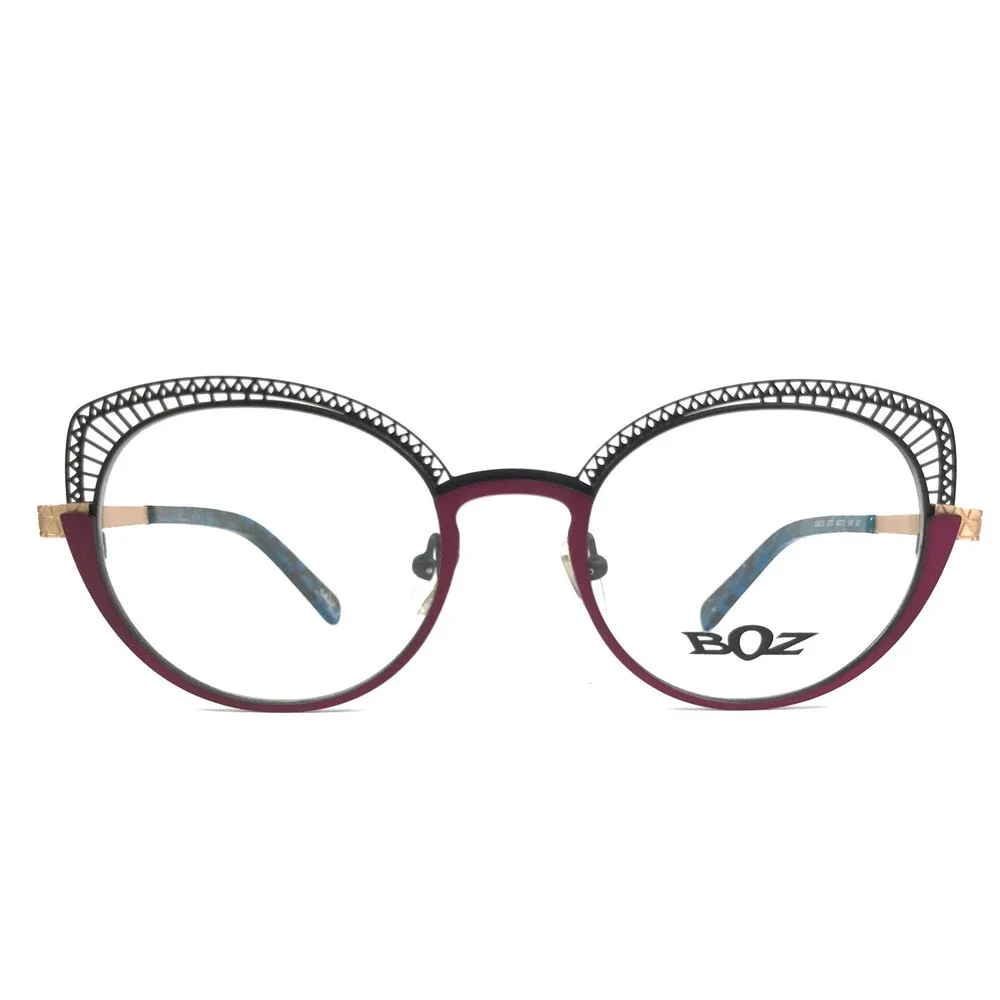 Boz Eyeglasses Frames ICACOS 0070 Satin Plum Black Gold Cat Eye 48-19-140